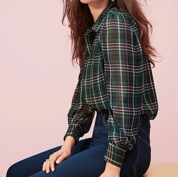 {Ann Taylor} Plaid Sheer Sleeve Shirt Size Small - Picture 3 of 16